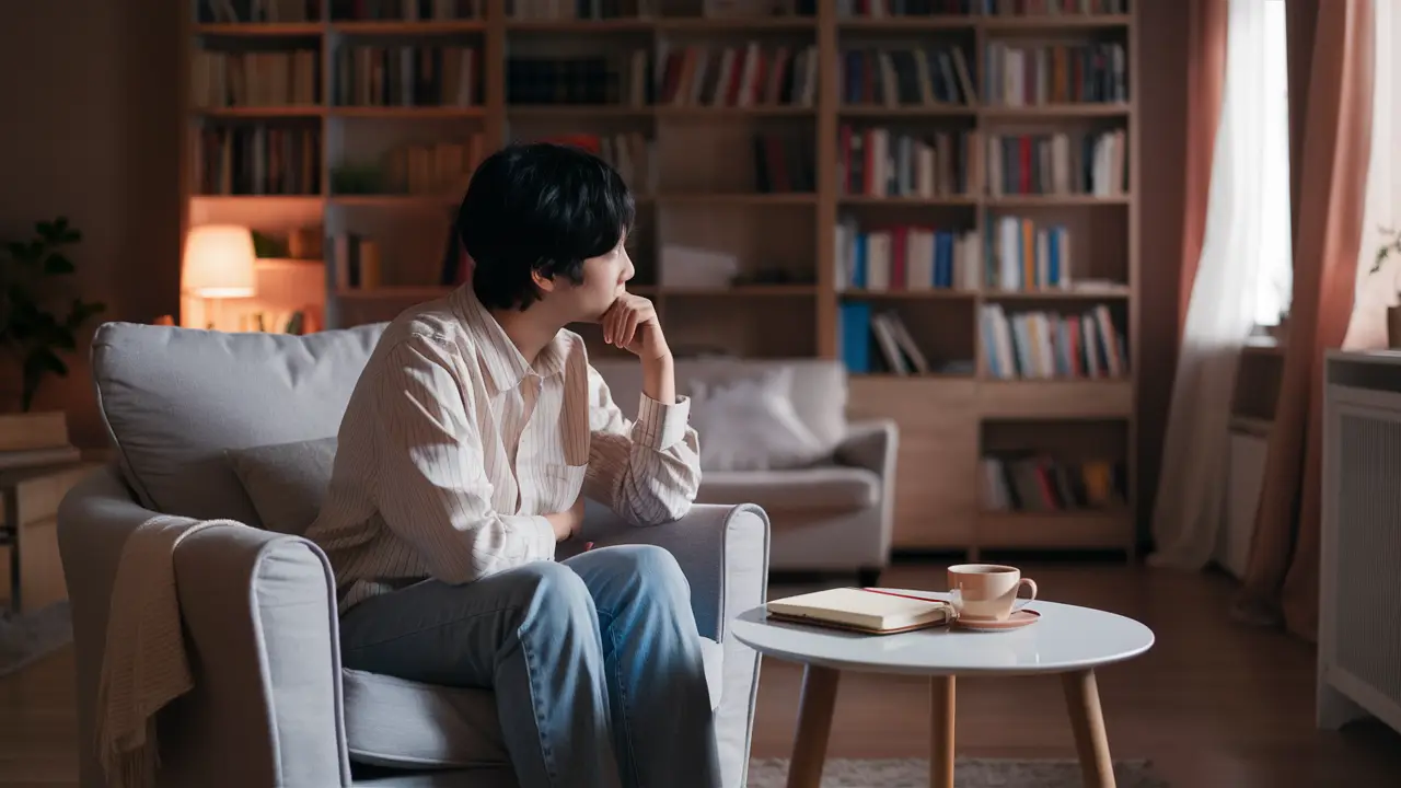 Pessoa sentada em poltrona confortável olhando para um caderno em uma mesa, com luz suave e estante ao fundo.
