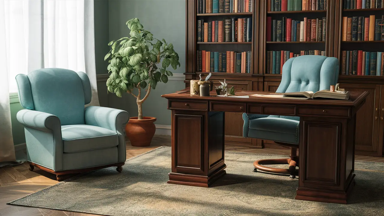 Consultório silencioso de psiquiatra com mesa de madeira, poltrona azul clara e estante com livros coloridos.