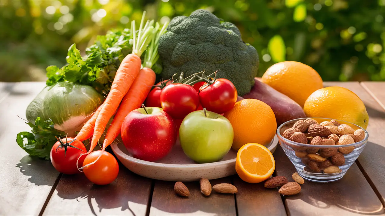 Frutas e vegetais frescos como cenouras, brócolis, tomates, maçãs e laranjas em uma mesa de madeira.