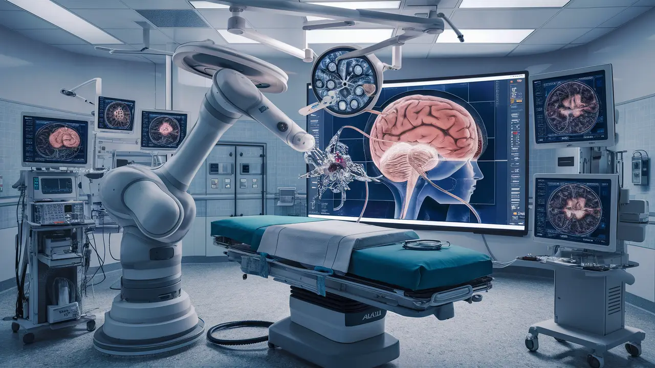 Sala de hospital com braço robótico realizando neurocirurgia, exibindo cérebro humano em tela grande.
