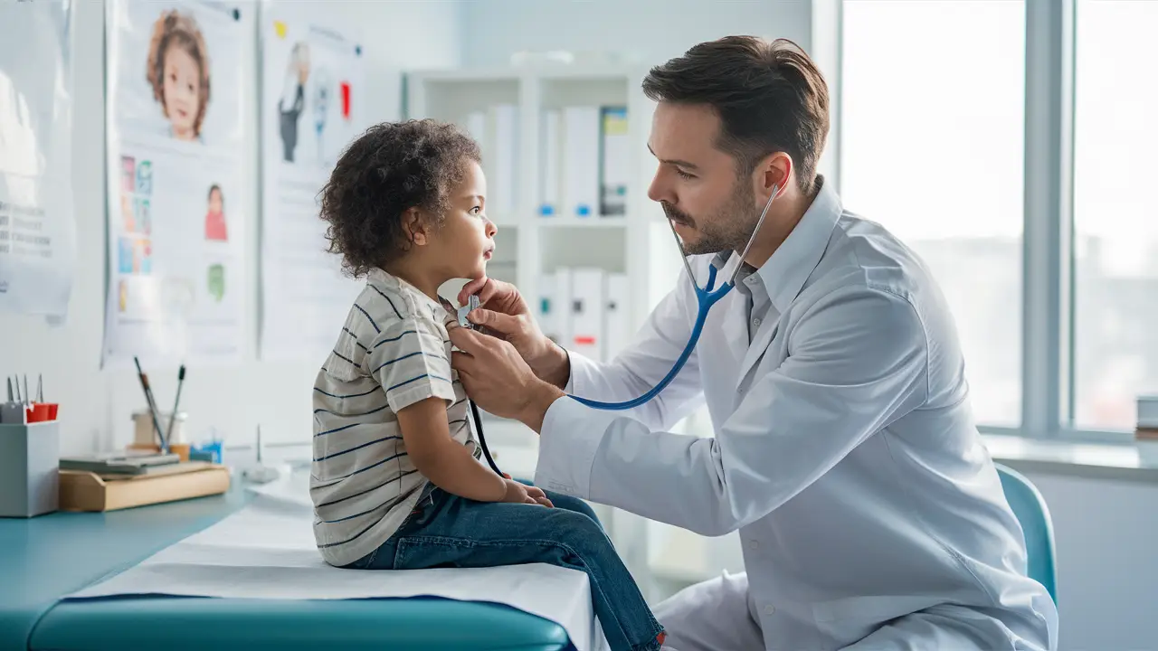 Pediatra examinando uma criança em um consultório, com ferramentas de diagnóstico visíveis ao fundo.