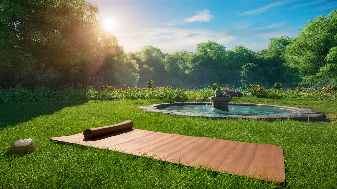 Cena matinal em um jardim com tapete de ioga, fonte pequena e flores vibrantes sob céu azul.