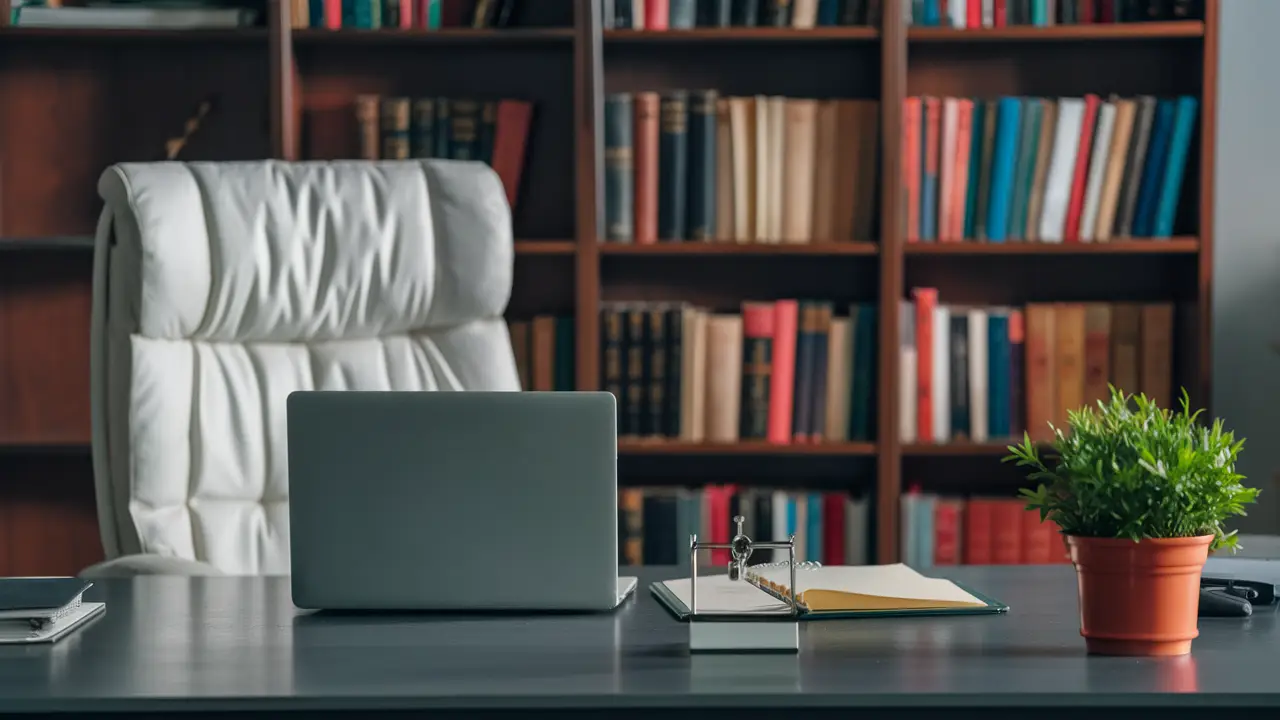 Escritório com cadeira confortável, mesa com laptop aberto, planta em vaso e estante cheia de livros ao fundo.