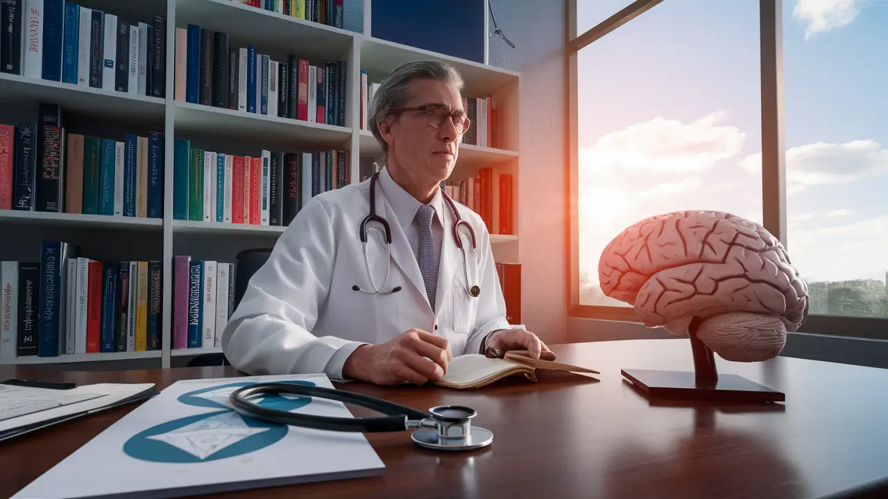 Consultório médico com estante de livros, mesa com estetoscópio e modelo de cérebro, janela mostrando céu ensolarado.