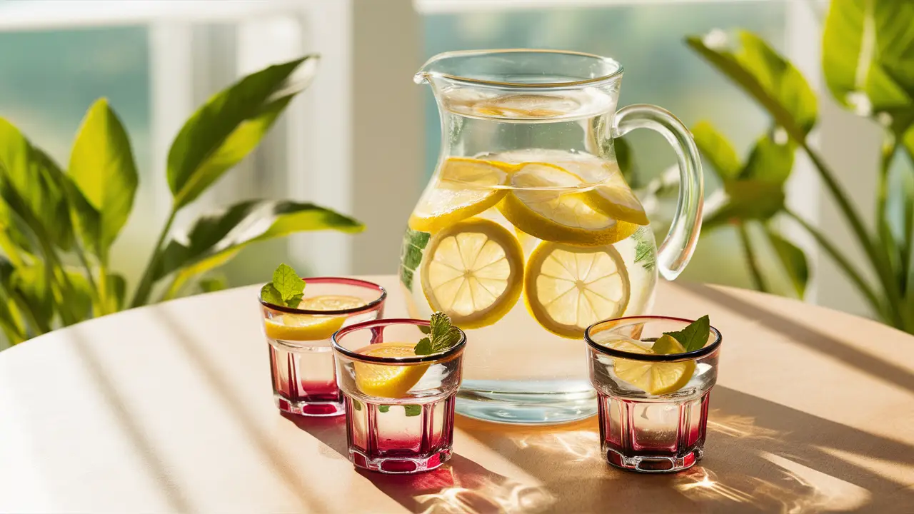 Jarra de vidro com água e limão em mesa de madeira com copos coloridos e plantas ao fundo.