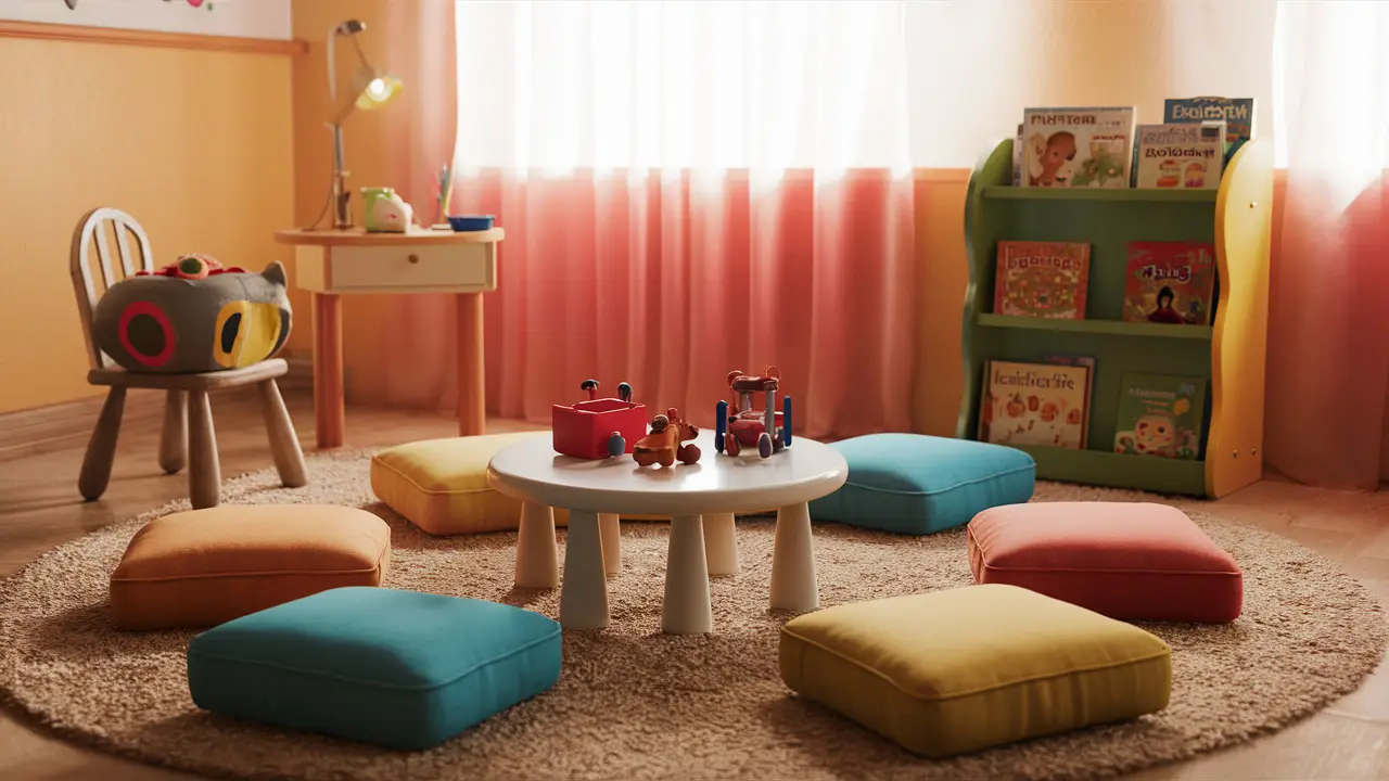 Sala de terapia infantil com almofadas coloridas, mesa redonda com brinquedos e estante de livros infantis.