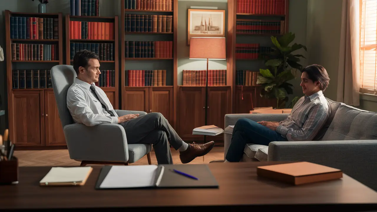 Consultório psiquiátrico acolhedor com psiquiatra e paciente, estantes de livros, abajur e mesa de madeira com bloco de notas.