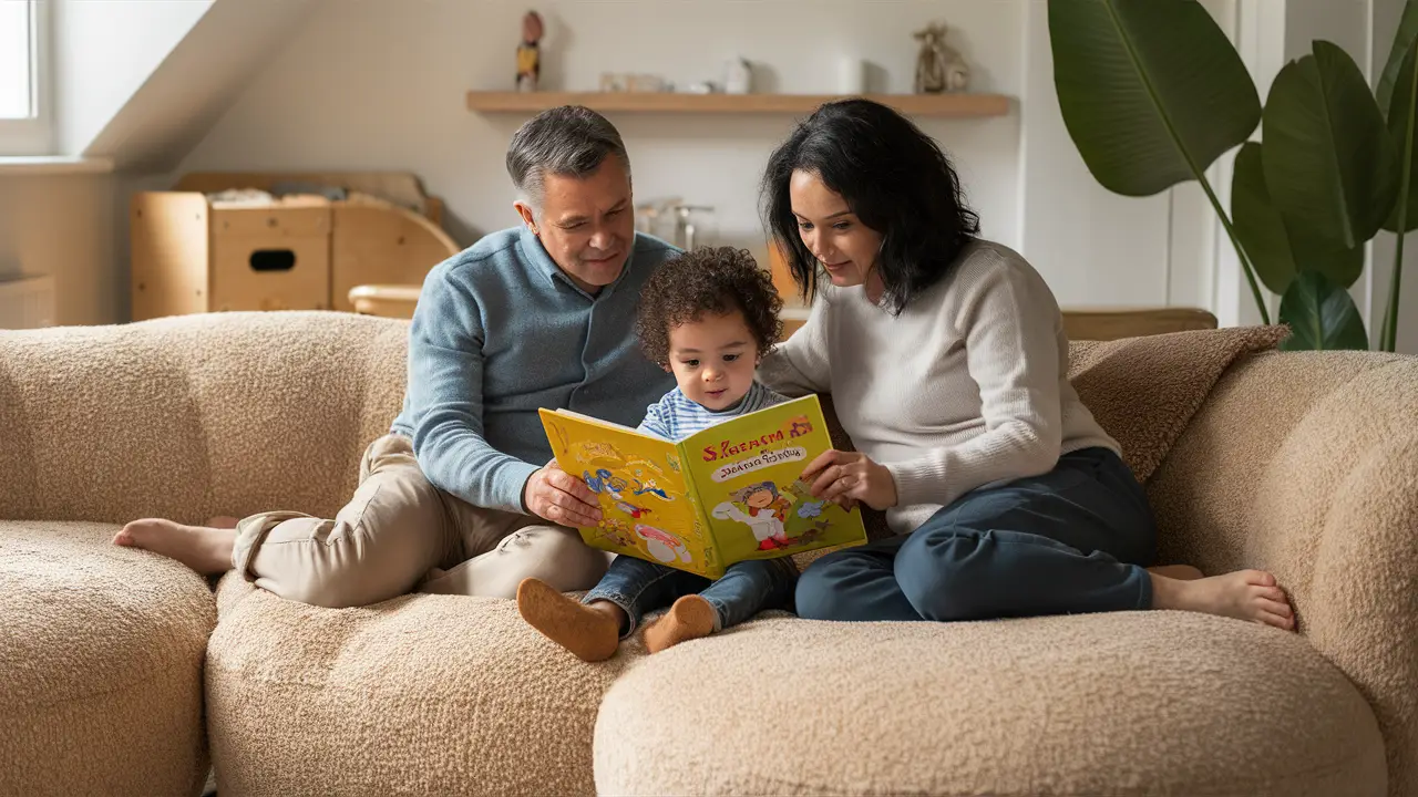 Casal com criança no sofá, lendo livro infantil em sala de estar iluminada e aconchegante.