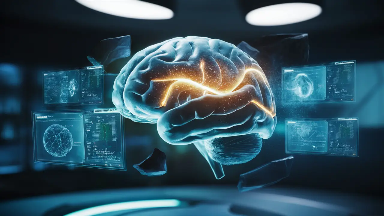 Cérebro humano com vias neurais brilhantes e telas holográficas exibindo dados científicos.