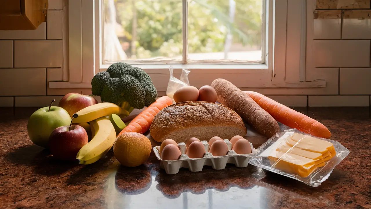 Vários alimentos em uma bancada de cozinha, incluindo frutas, vegetais, pão integral e queijo processado.