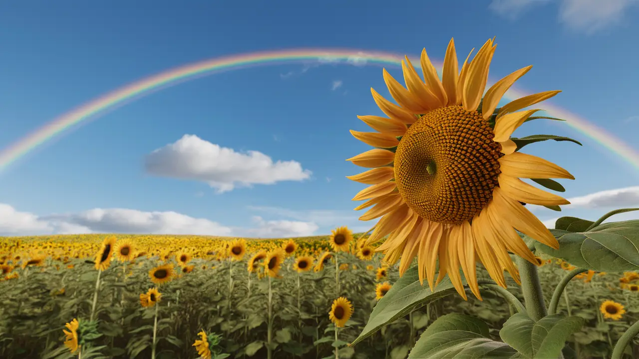 Campo de girassóis sob céu azul e arco-íris ao fundo.