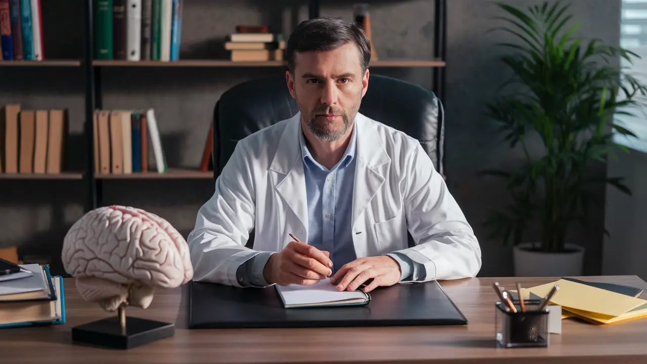 Psiquiatra sentado em uma mesa com modelo anatômico do cérebro e bloco de anotações no consultório iluminado.