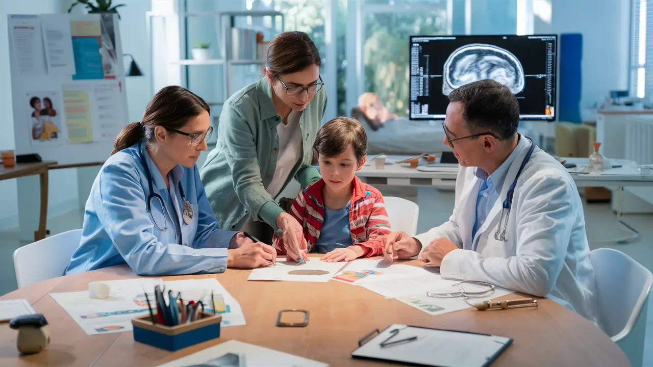 Equipe médica interdisciplinar discutindo diagnóstico em sala de reunião hospitalar iluminada.