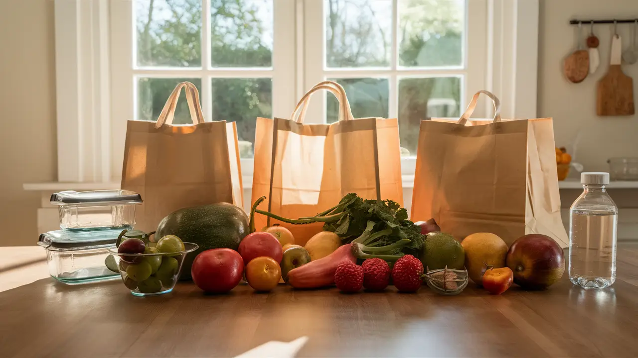 Mesa de cozinha com vegetais, frutas frescas, sacolas reutilizáveis e garrafa de água à luz do sol.