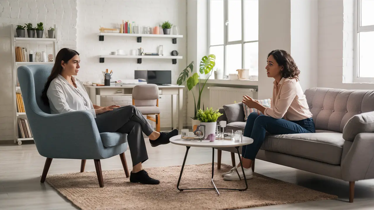 Consultório de terapia com terapeuta e cliente conversando em uma sala bem iluminada.