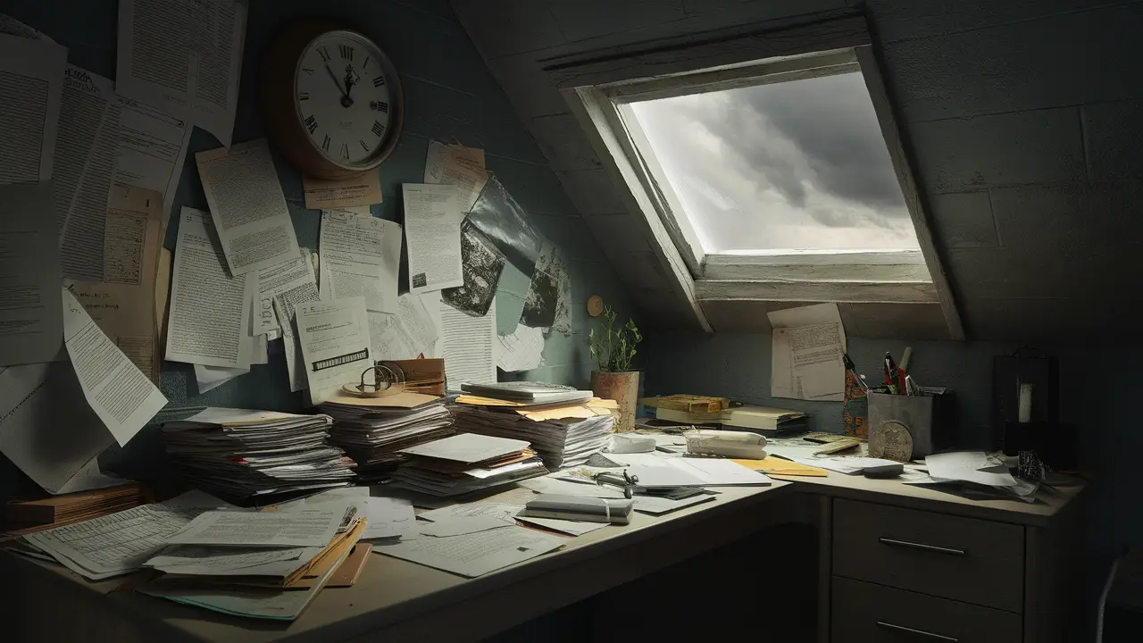 Mesa desorganizada em sala com pouca luz, papéis espalhados, relógio na parede, planta pequena e janela entreaberta com nuvens cinzas.