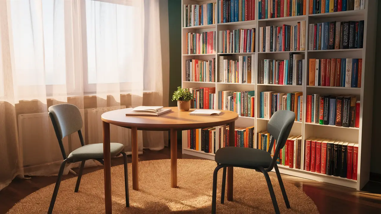 Mesa com duas cadeiras em sala de terapia, estante com livros coloridos, planta em vaso pequeno e janela com cortinas claras.