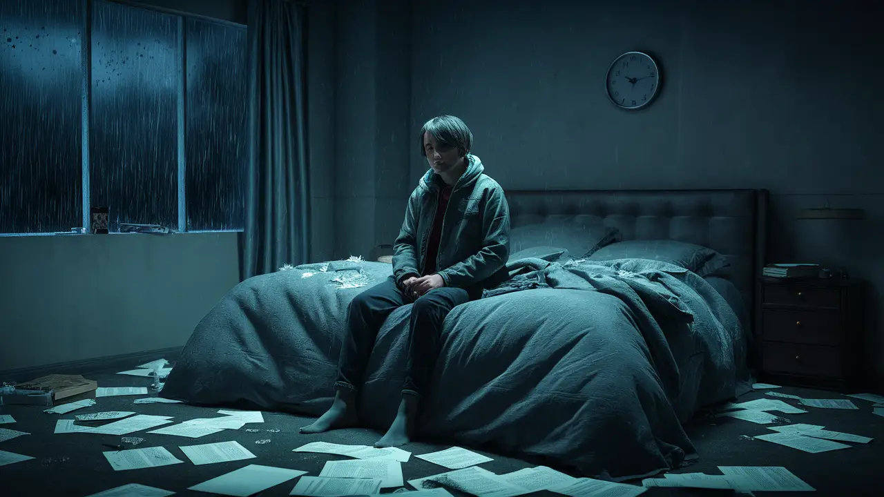 Pessoa sentada na cama em quarto escuro com papéis espalhados, relógio marcando meia-noite e janela com chuva.
