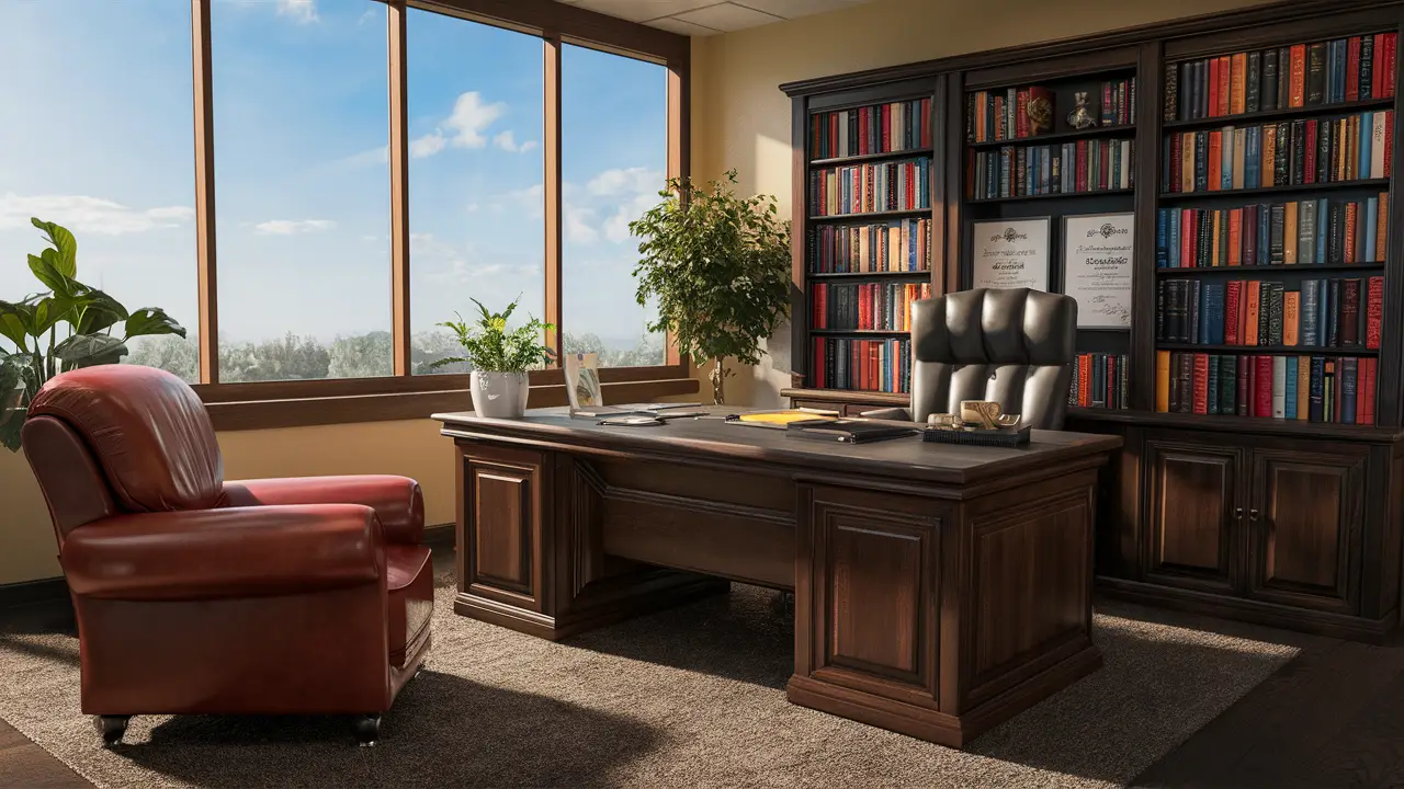 Consultório de psiquiatria com mesa de madeira, estante de livros, poltrona de couro e janela com céu azul.