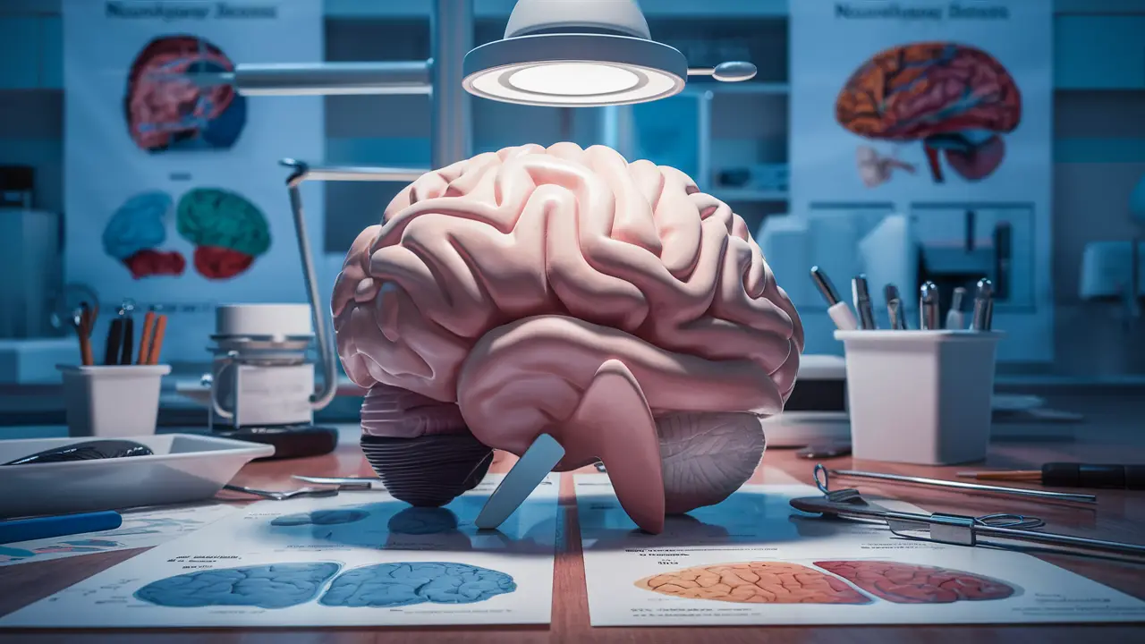 Modelo de cérebro humano em plástico em laboratório médico com ferramentas e gráficos de doenças neurológicas.