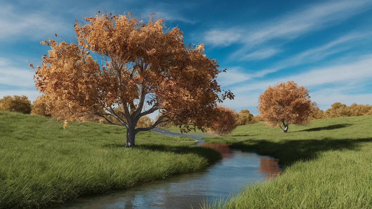 Paisagem serena com árvore de folhas coloridas, riacho suave ao lado, cercada por grama verde sob céu azul claro.