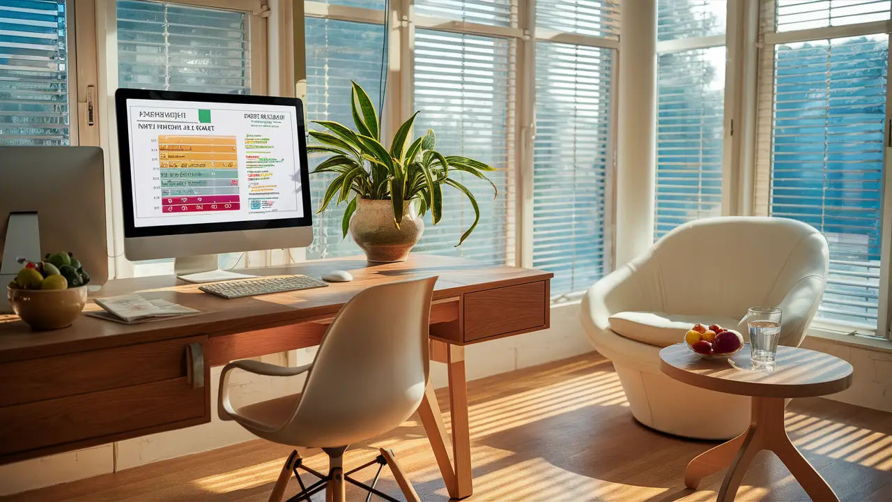 Consultório moderno com mesa de madeira, computador com gráfico nutricional e vaso de planta ao lado de frutas frescas.