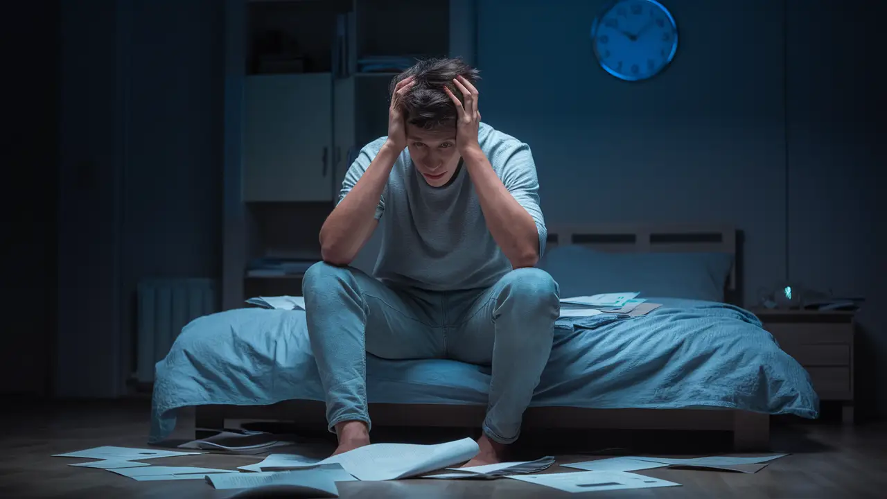 Homem sentado na cama segurando a cabeça em um quarto escuro com papéis ao redor e relógio marcando meia-noite.