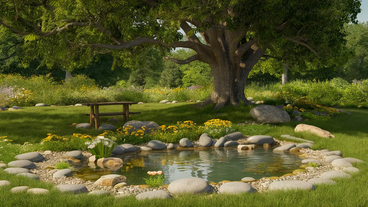 Jardim tranquilo com lagoa, pedras lisas, grama verde, flores coloridas e banco de madeira sob carvalho grande.