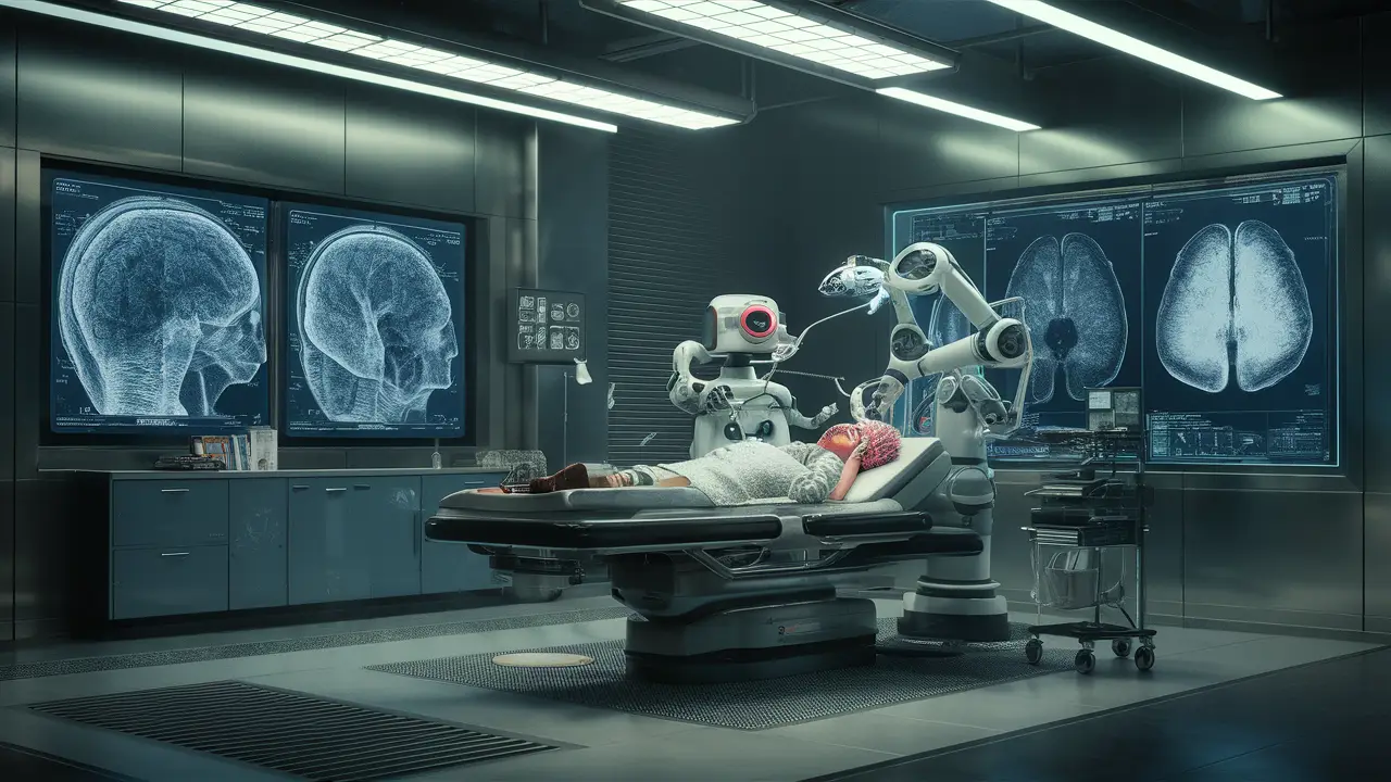 Clínica psiquiátrica futurista com paredes metálicas, telas transparentes com exames cerebrais e robôs médicos avançados.