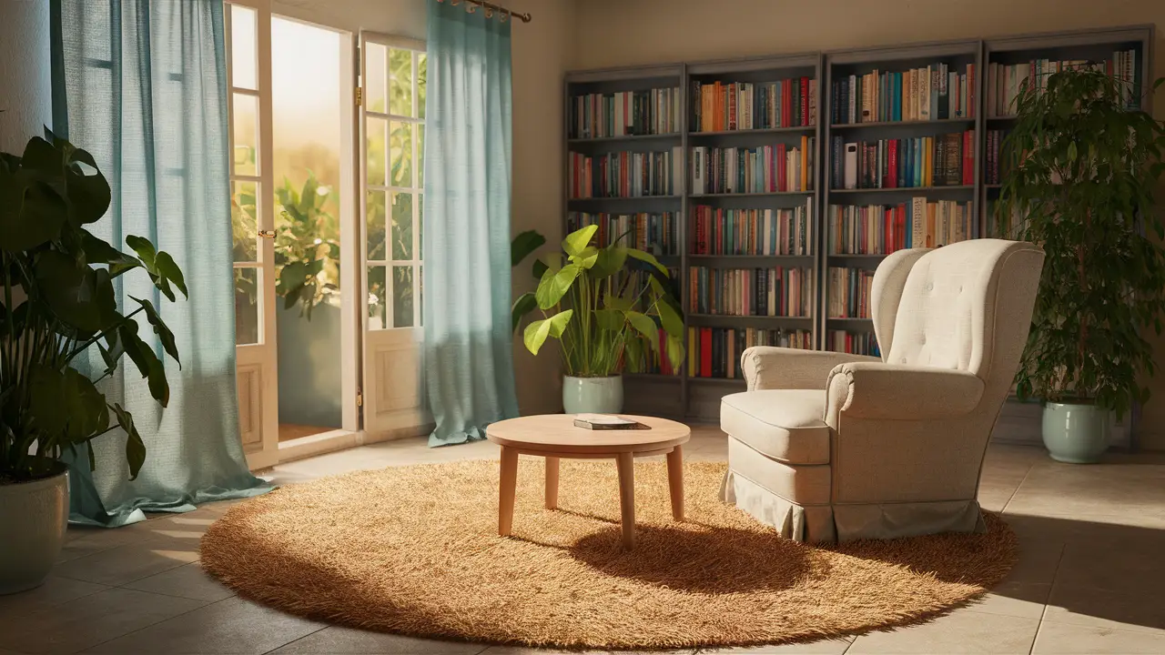 Sala de terapia com poltrona, mesa de café redonda de madeira, plantas verdes e estante com livros coloridos.