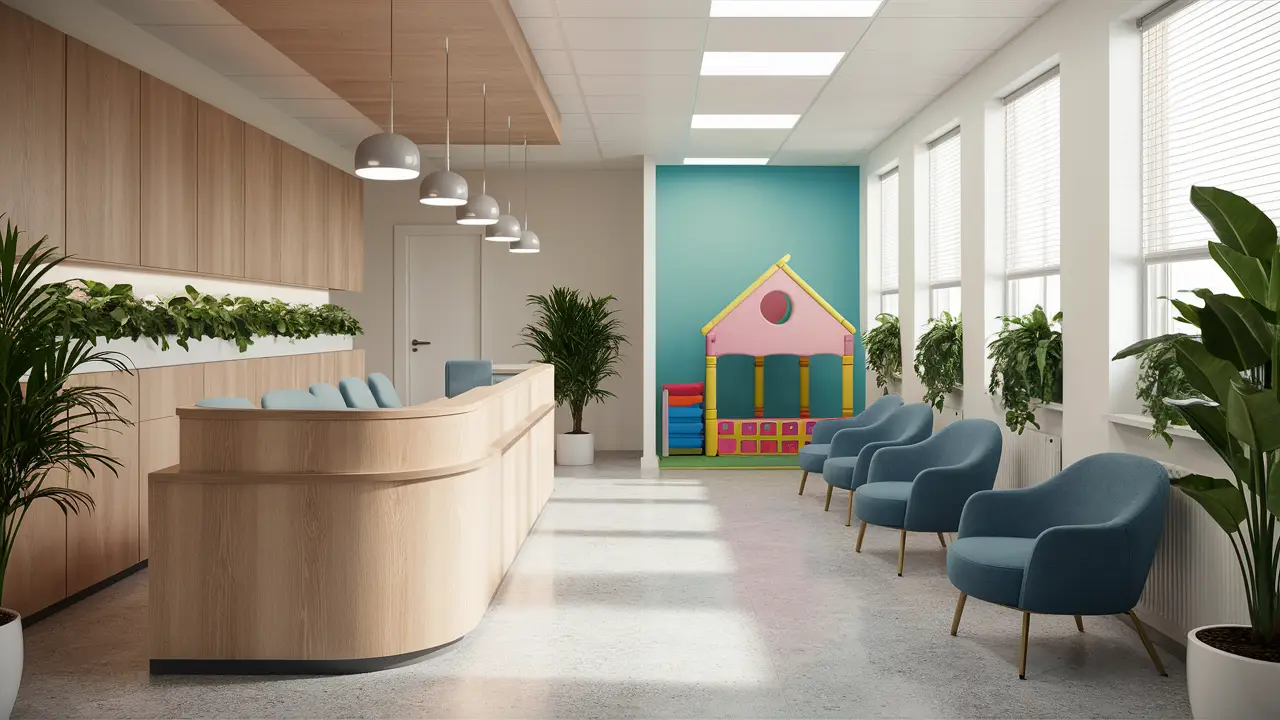 Interior de clínica moderna com área de espera acolhedora e espaço de brincar para crianças.
