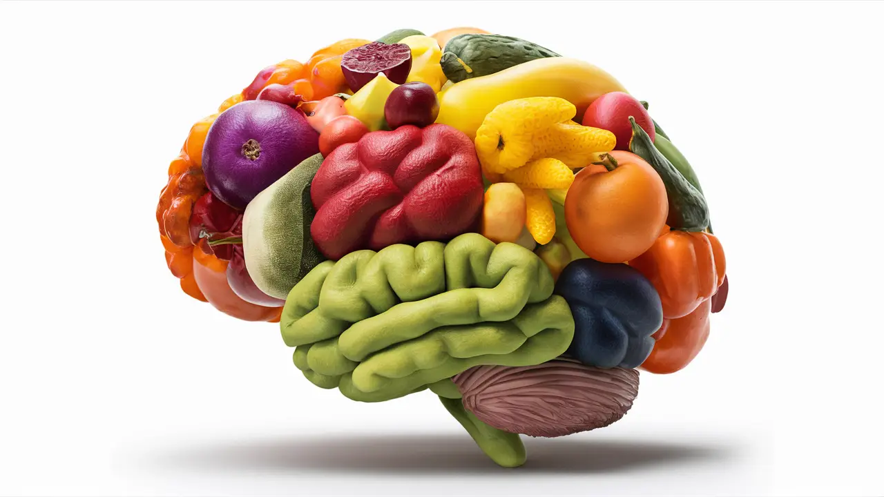 Cérebro composto por frutas e vegetais coloridos em fundo branco.