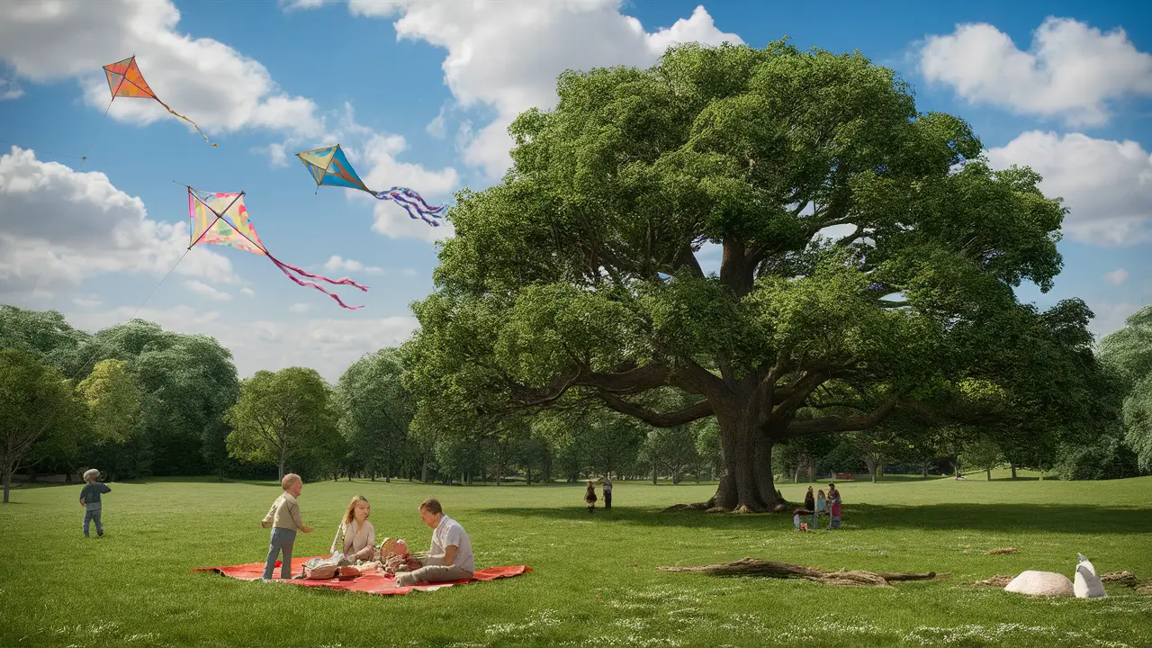 Crianças empinando pipas coloridas enquanto uma família faz piquenique em um parque sob um céu azul claro.