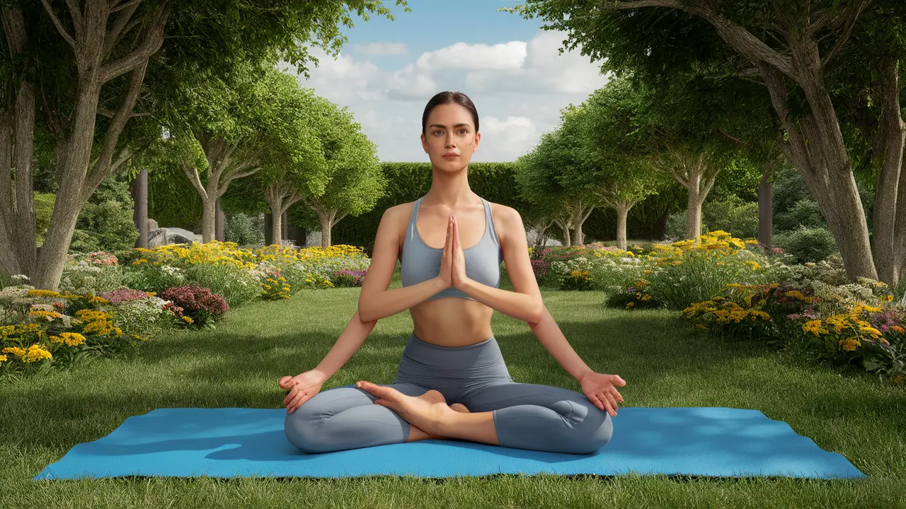 Mulher meditando em posição de lótus em um jardim cercado por árvores e flores sob céu claro.