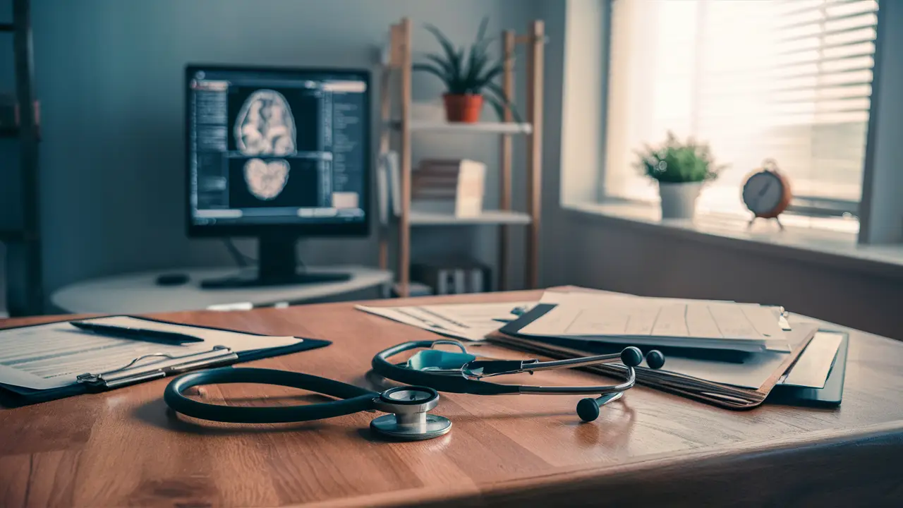 Consultório médico com mesa, estetoscópio, papéis, monitor com imagem cerebral, planta e relógio ao fundo.