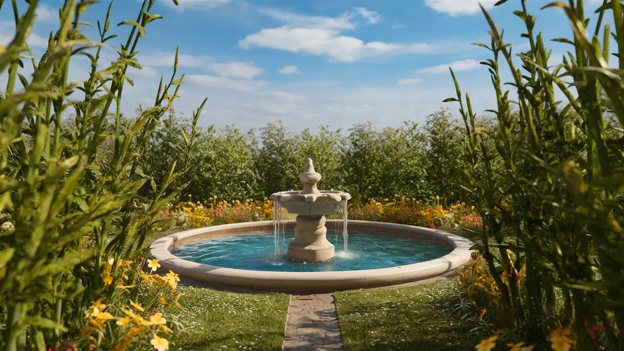 Fonte pequena em jardim com flores coloridas e céu azul.