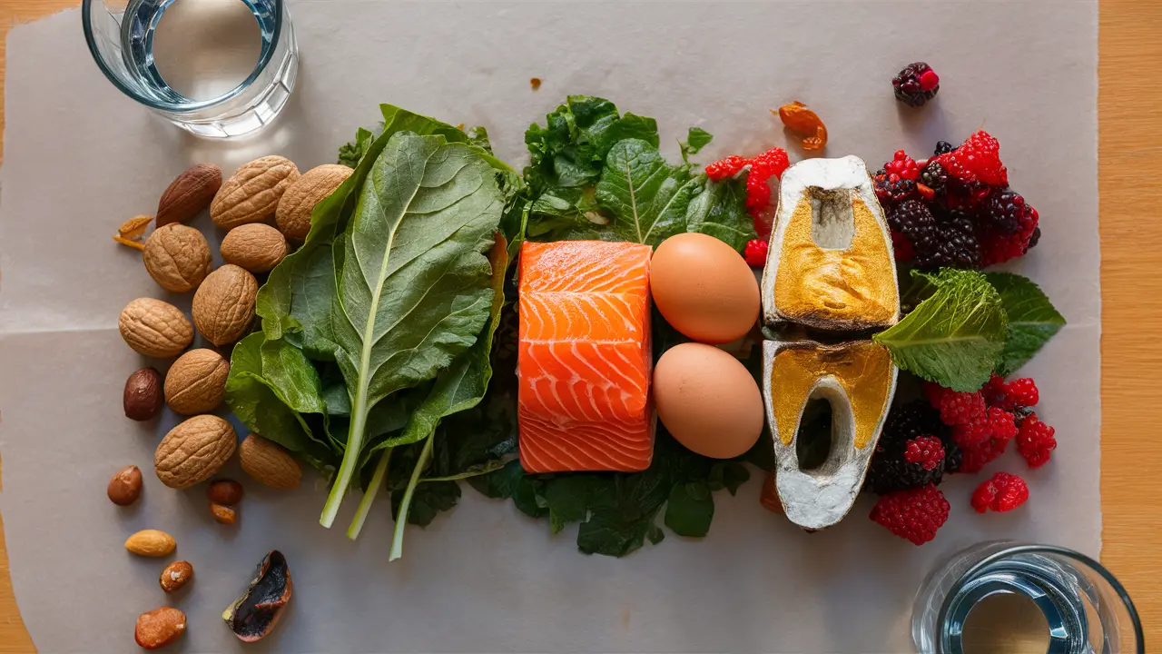 Alimentos nutritivos como nozes, verduras, salmão, ovos e frutas em uma mesa de madeira.