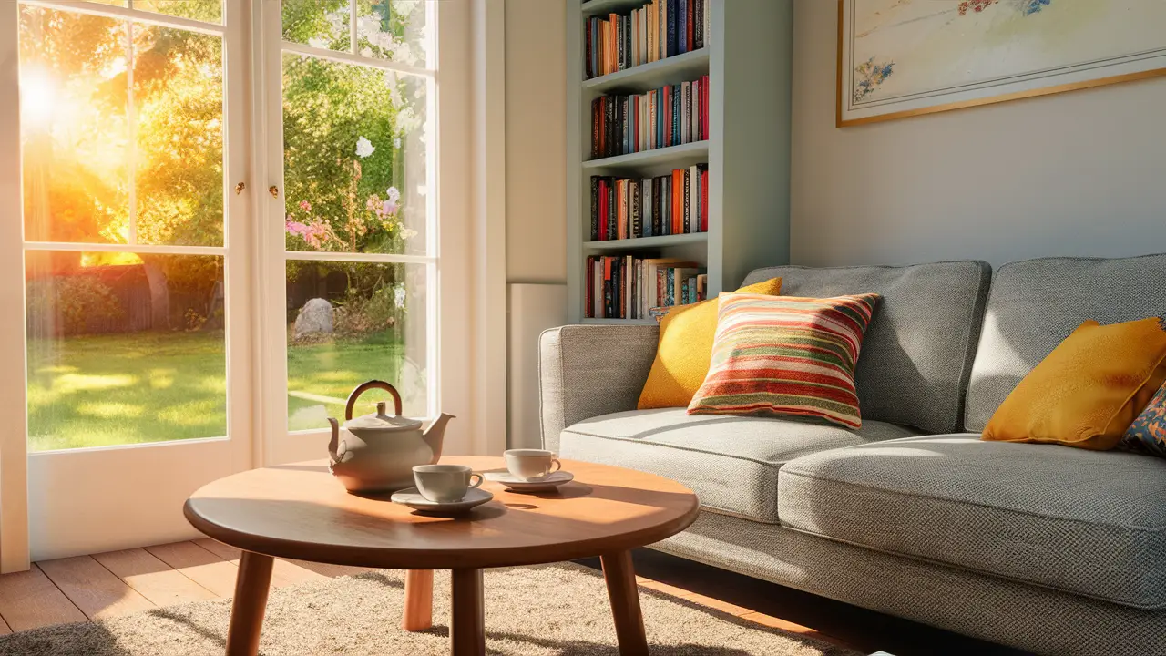 Sala de estar com sofá cinza e almofadas coloridas, mesa de centro de madeira com bule e xícaras, janela com jardim ensolarado.