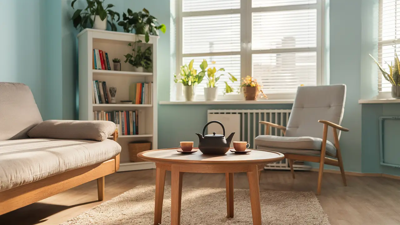 Sala de terapia com sofá, mesa de centro com bule e xícaras, janela grande, paredes azuis e estante com plantas e livros.