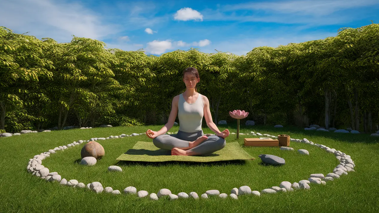 Pessoa meditando em um jardim sereno, com pedras pequenas ao redor e uma estátua de lótus de madeira.