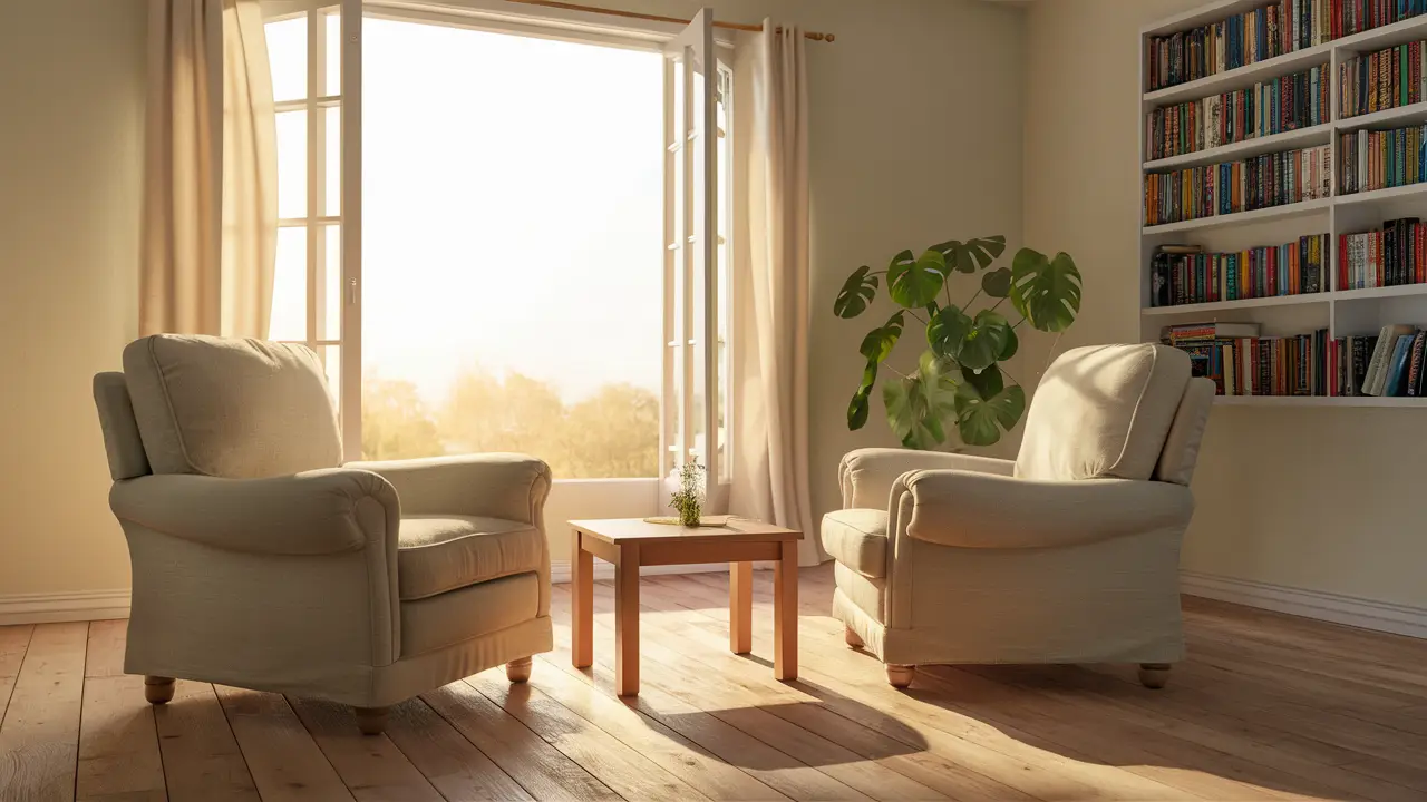 Duas poltronas confortáveis frente a frente com uma mesa de café de madeira entre elas em uma sala iluminada.