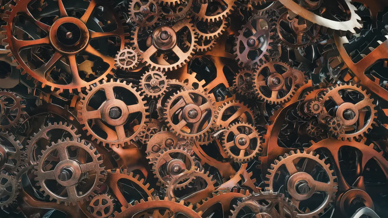 Engrenagens e cogs de diferentes tamanhos em tons metálicos de prata e bronze, interligados e girando.