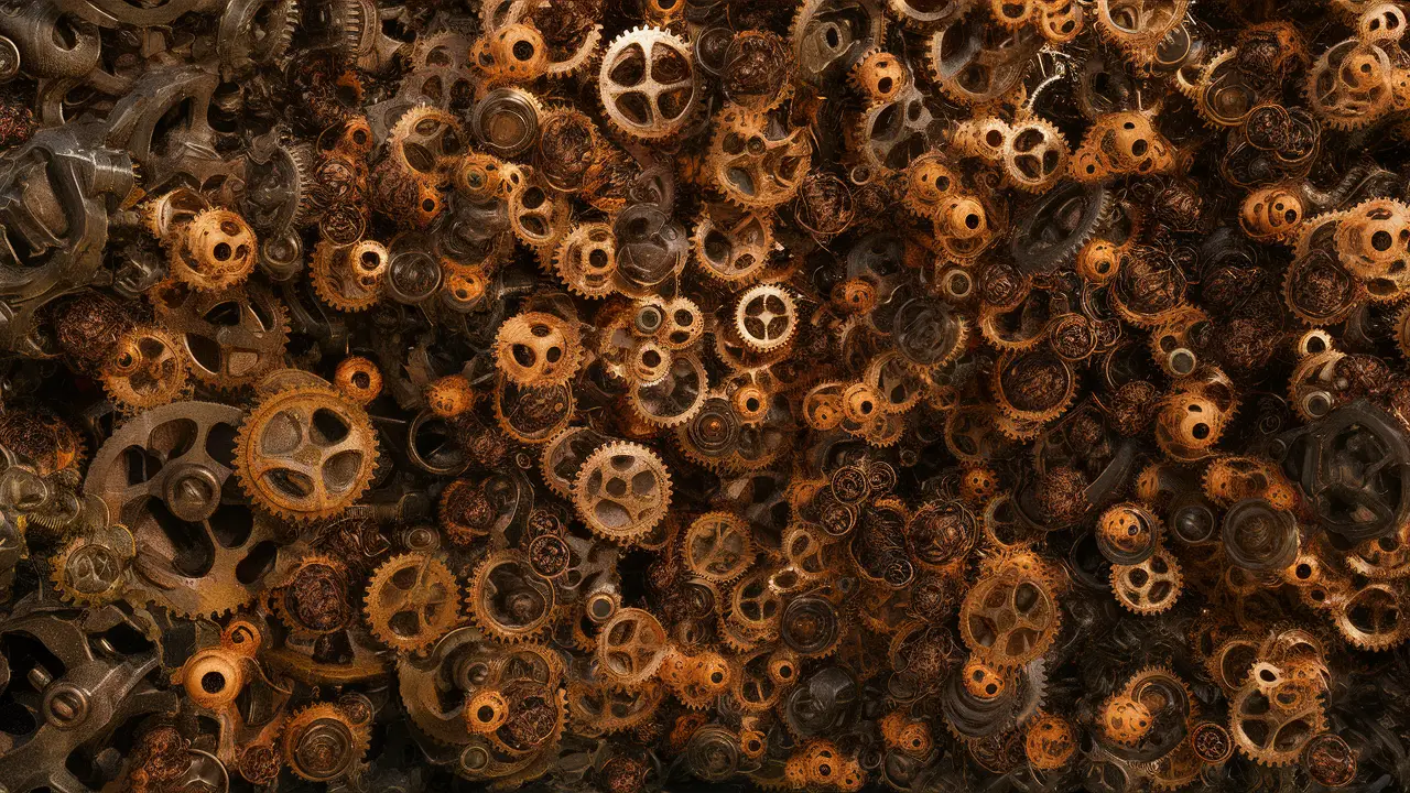 Mecanismo complexo de engrenagens de bronze e aço interconectadas em um fundo escuro e texturizado.
