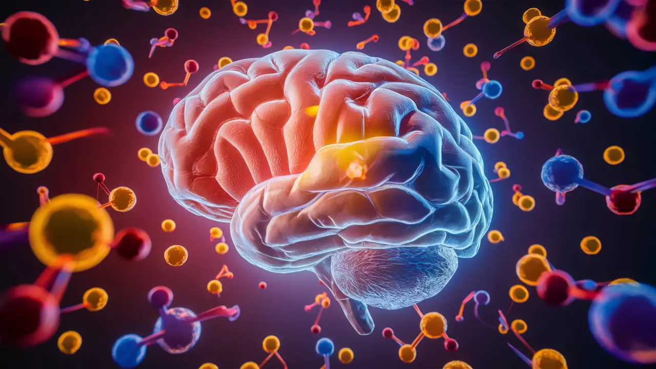 Cérebro humano flutuando com moléculas de vitaminas coloridas ao redor em fundo preto.