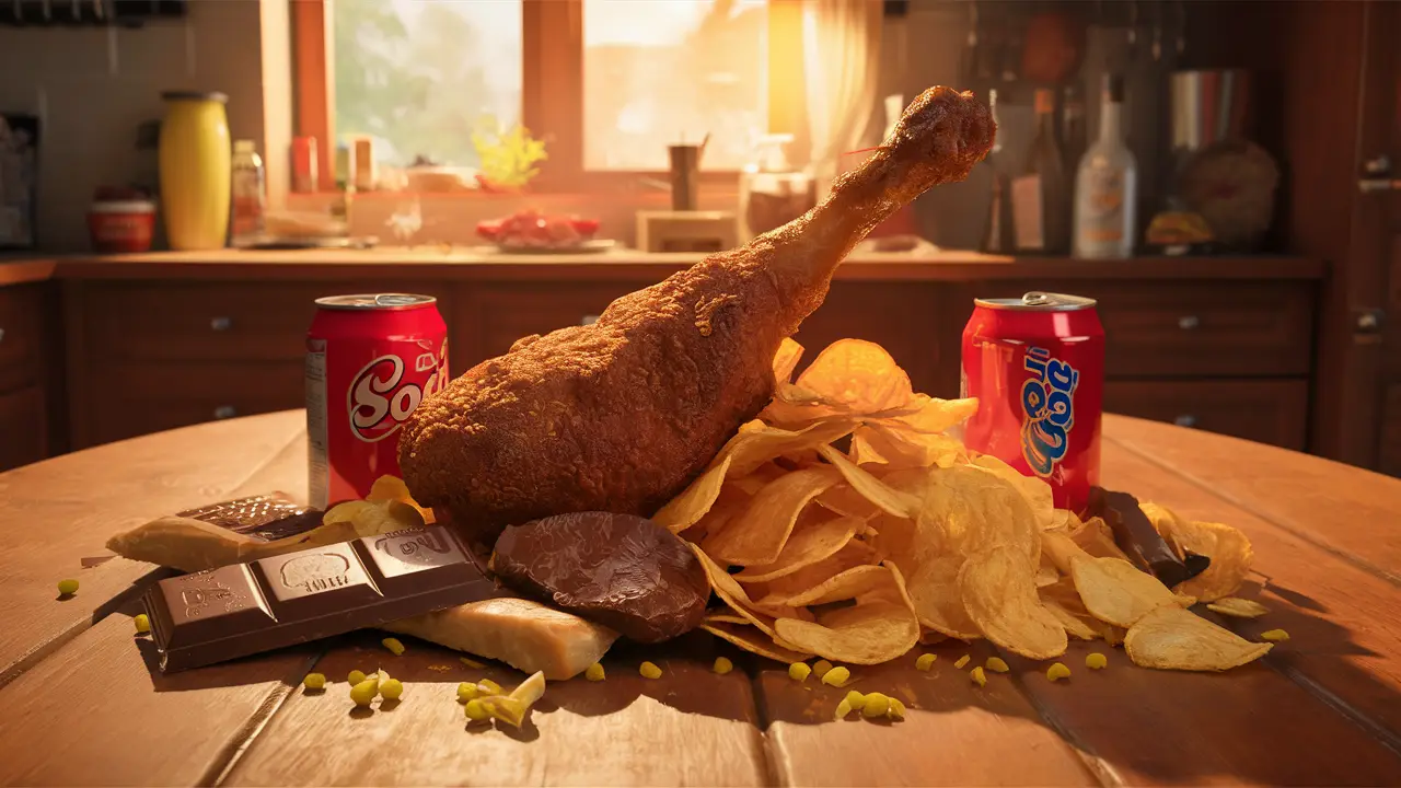 Mesa com alimentos não saudáveis, como frango frito, refrigerante, batatas fritas e chocolate em iluminação quente.
