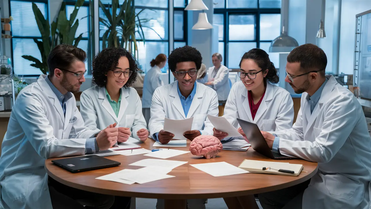 Cientistas discutindo papéis de pesquisa em uma mesa de laboratório moderno com plantas e modelo de cérebro.