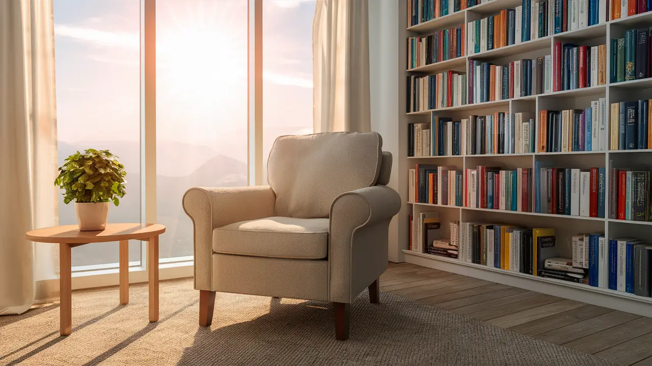 Quarto de terapia com poltrona, mesa de madeira com planta e estante com livros sobre gestão do estresse.