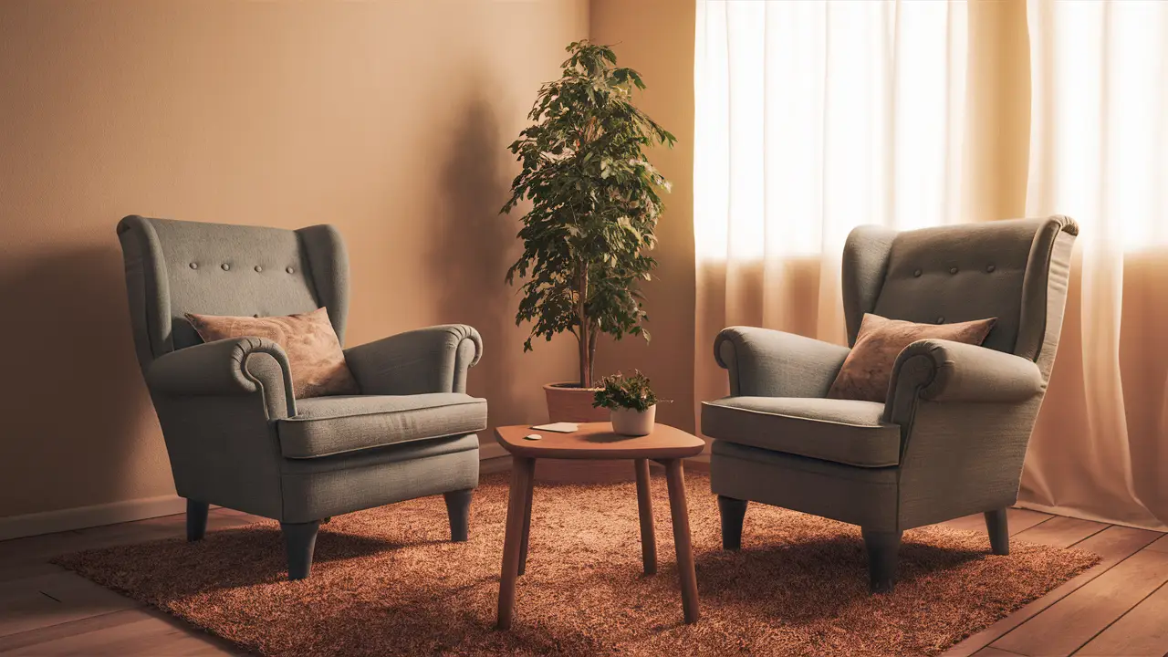 Sala de terapia aconchegante com duas poltronas e uma pequena mesa de café de madeira.