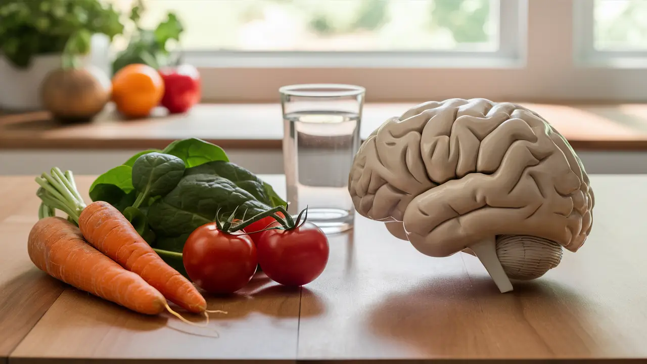 Modelo de cérebro humano ao lado de vegetais frescos como cenouras, espinafre e tomates sobre uma mesa de madeira.