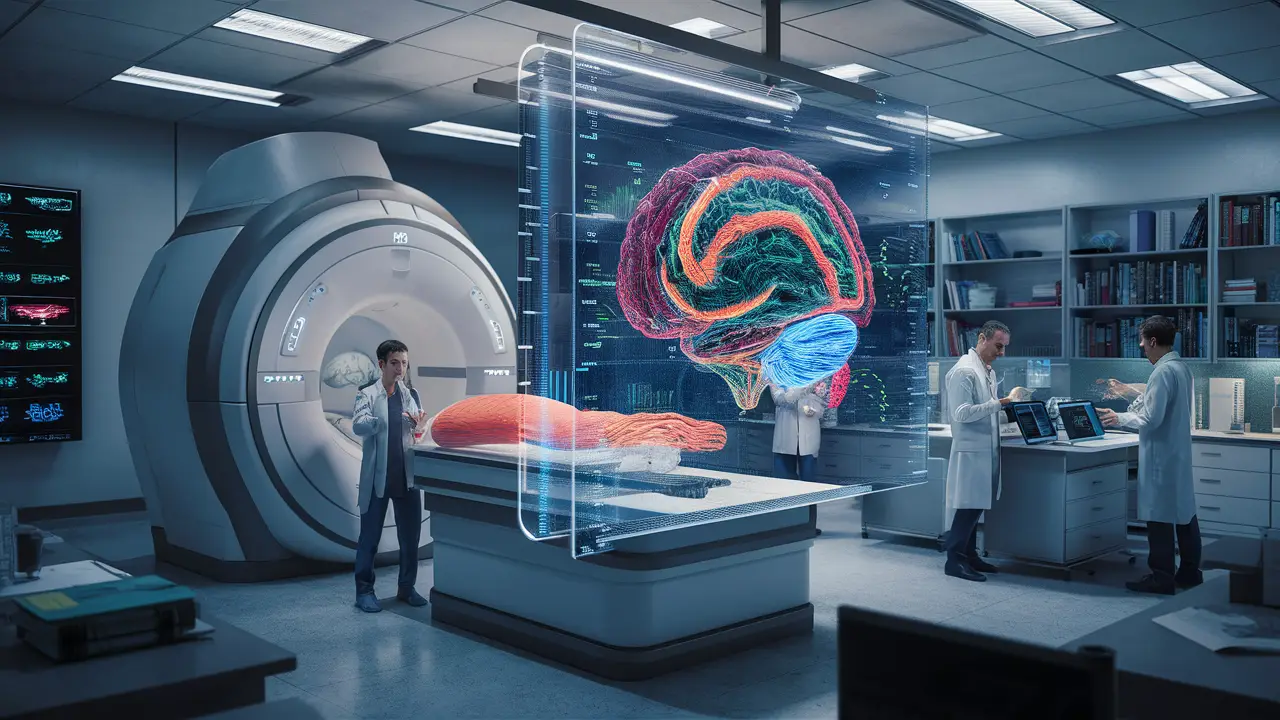 Cientistas analisam dados em laboratório moderno com equipamento de ressonância magnética e exibição de vias neurais.